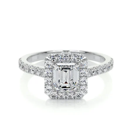 1.5 Carat Emerald Cut Moissanite Halo White Gold Engagement Ring